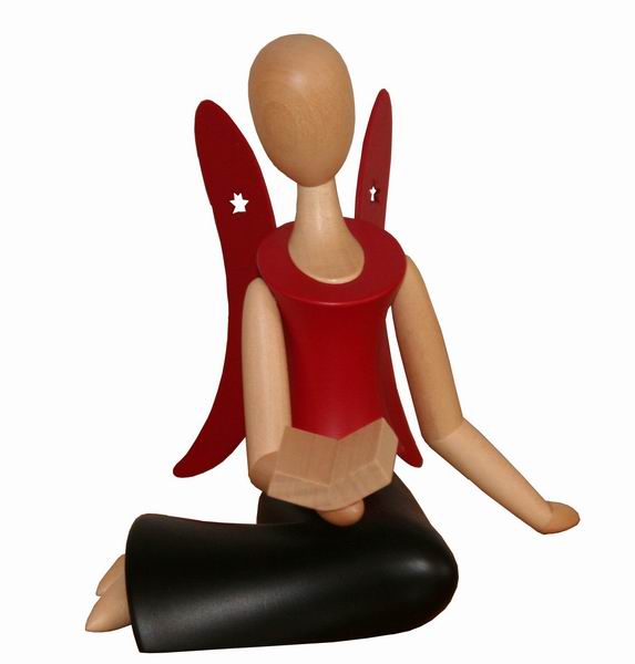 Engel, sitzend mit Buch (schwarz-rot) - 12,5 cm - Erzgebirgische Holzkunst Gahlenz