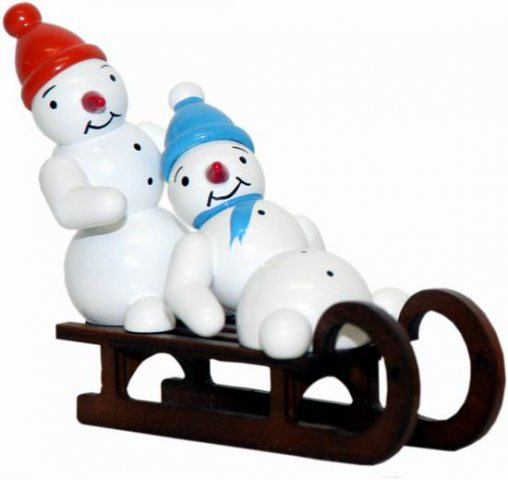 Snowman, Duo auf Schlitten - 7 cm - Erzgebirgische Holzkunst Gahlenz
